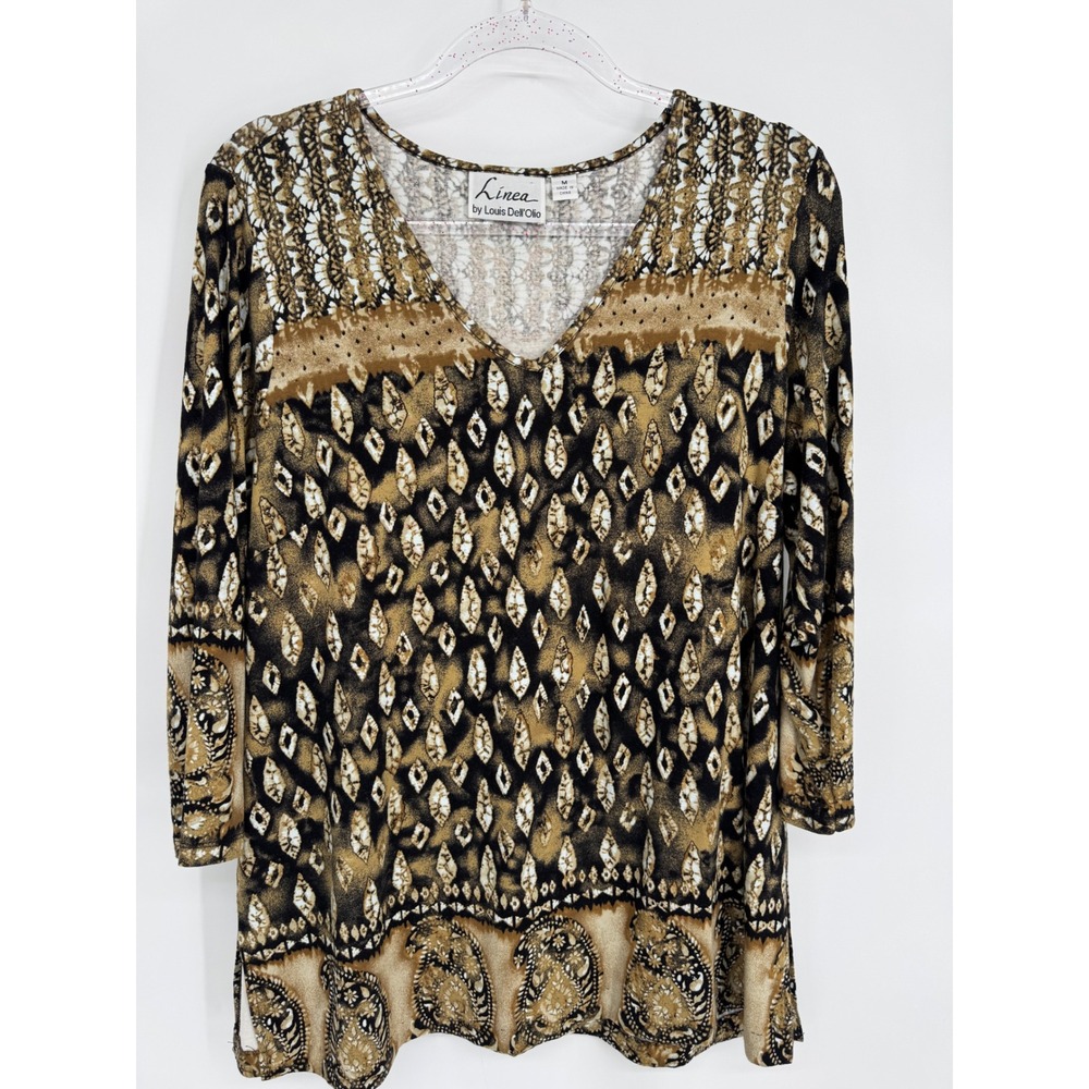 Linea by Louis Dell'Olio Womens Brown Geometric Paisley V-Neck 3/4 Sleeve Top M